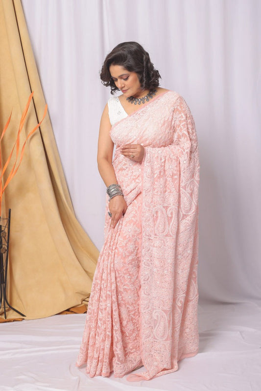 MeMaana Handcrafted Peach Georgette Chikankari Pearl & Sequence Work Saree-Blouse MeMaana