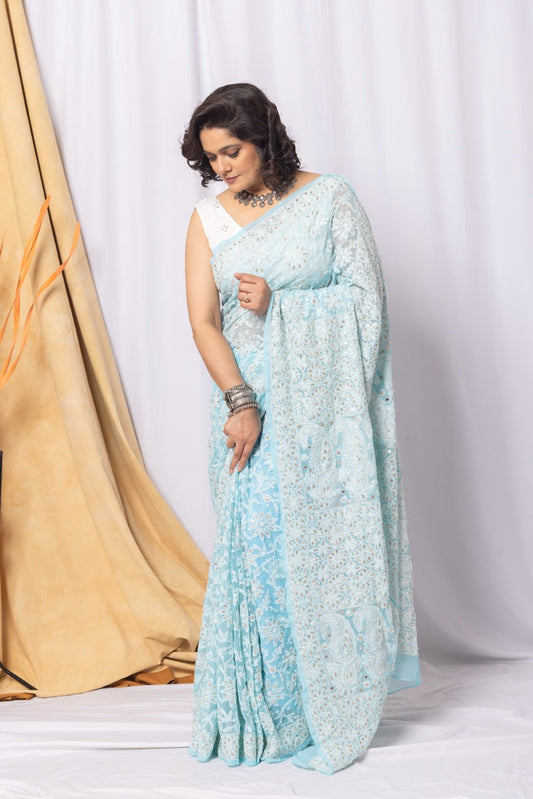MeMaana Handcrafted Sky Blue Georgette Chikankari Gota Patti Saree-Blouse Fabnuma