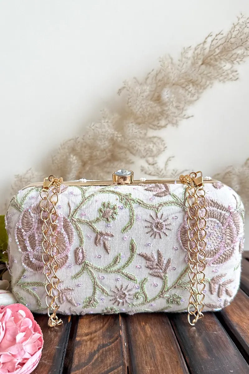 MeMaana Handcrafted White Chikankari Clutch with Pearl & Sequin Work Fabnuma