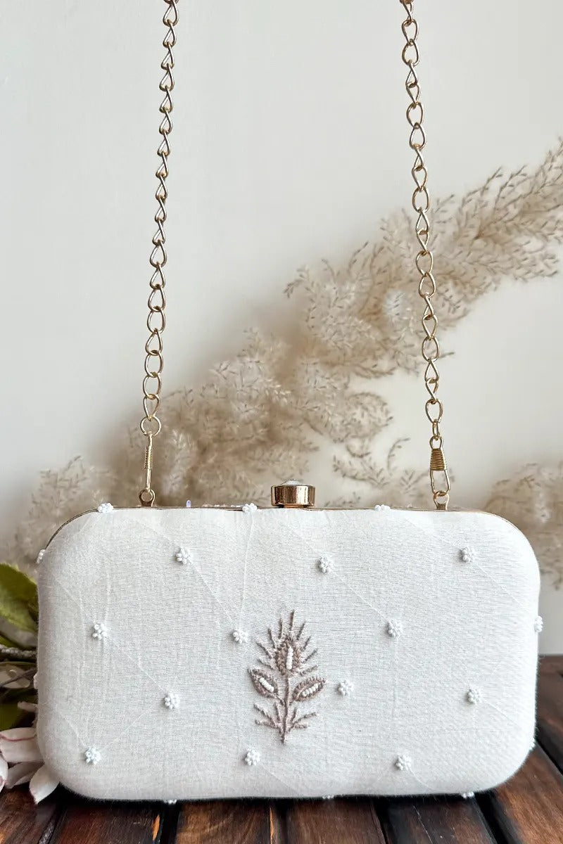 MeMaana Handcrafted White Chikankari Clutch with Pearl & Sequin Work MeMaana