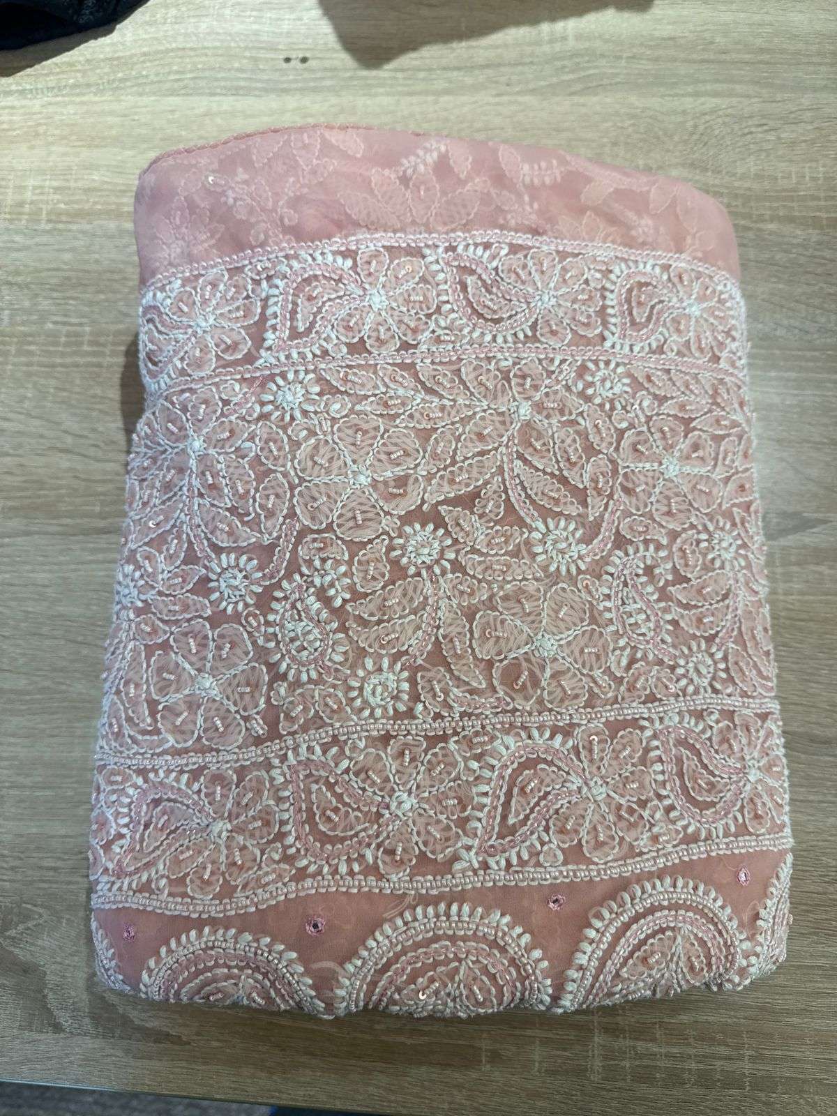 Peach Colour Georgette Chikankari saree Sequence Pearl Work MeMaana