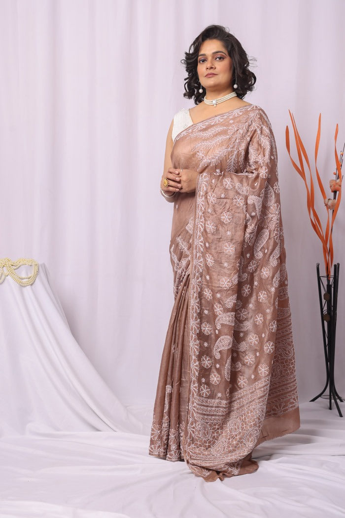 MeMaana Handcrafted Brown Tussar Silk Chikankari Saree-Blouse Fabnuma