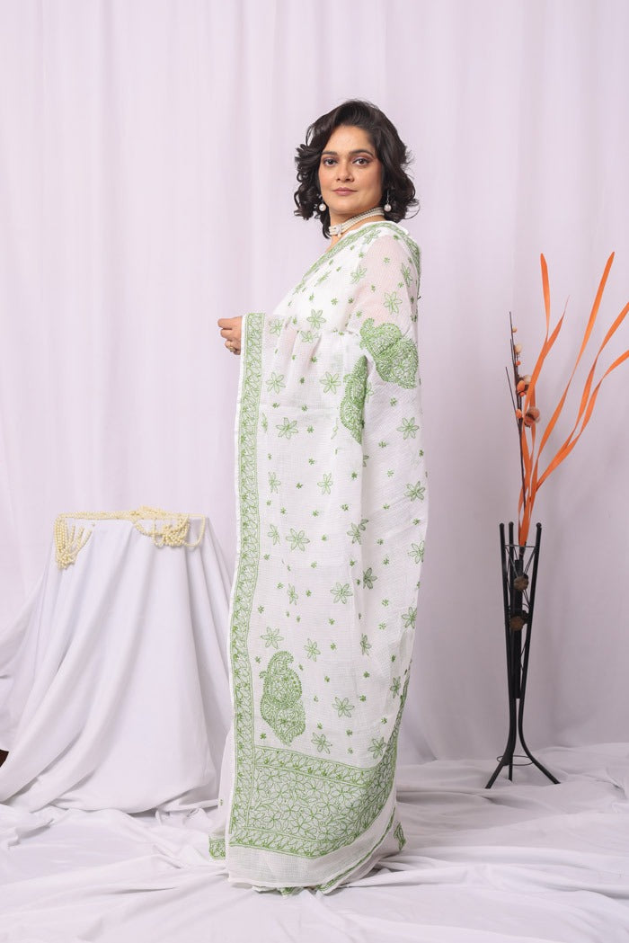 MeMaana Handcrafted White Kota Cotton Chikankari Saree-Blouse Fabnuma