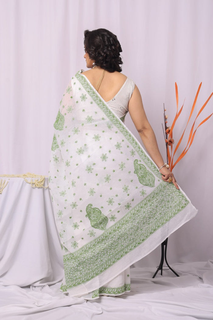 MeMaana Handcrafted White Kota Cotton Chikankari Saree-Blouse Fabnuma