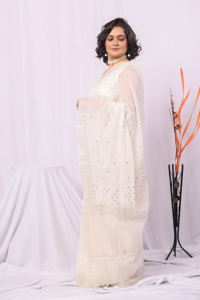 MeMaana Handcrafted White Pure Georgette Chikankari Saree-Blouse Fabnuma