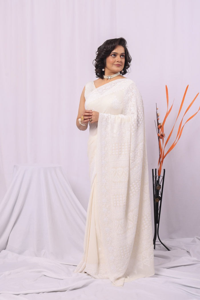 MeMaana Handcrafted White Pure Georgette Chikankari Saree-Blouse Fabnuma