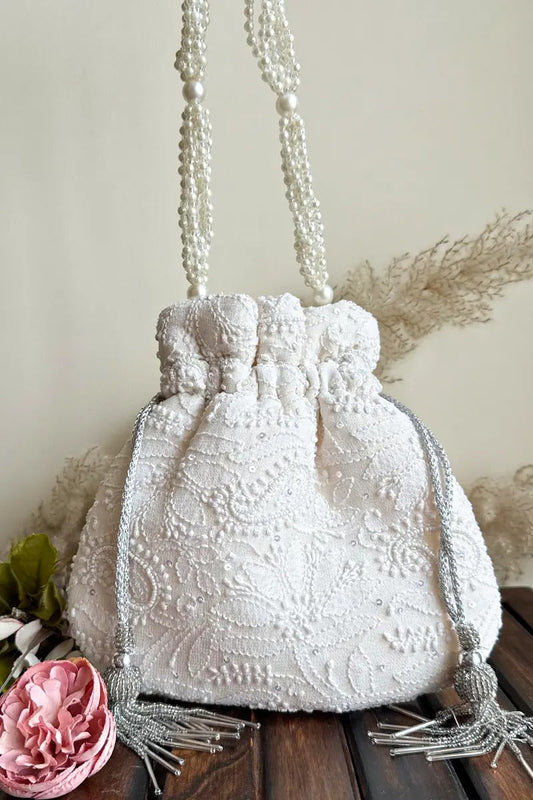 MeMaana Handcrafted White Chikankari Potli with Pearl & Sequin Work MeMaana
