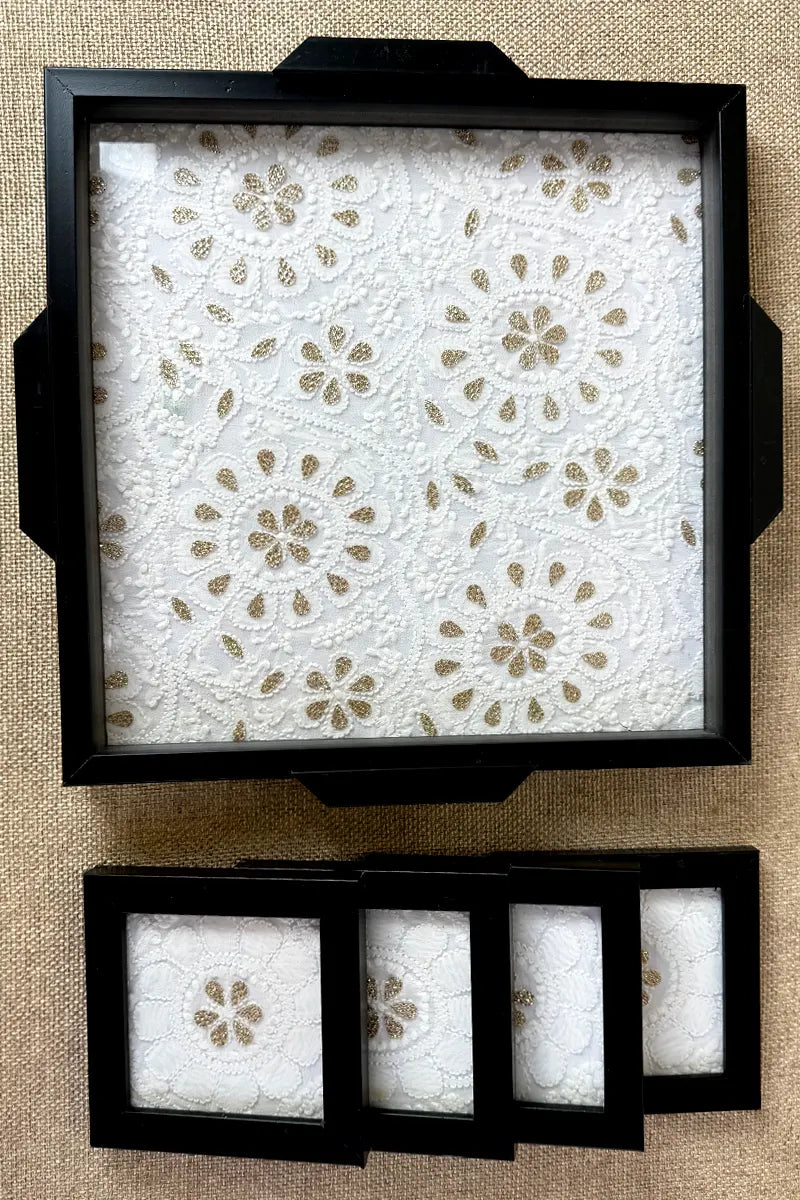 White Handcrafted Lucknowi Chikankari Tray & Tea Coaster Set With hand-embroidered Lucknowi Chikankari