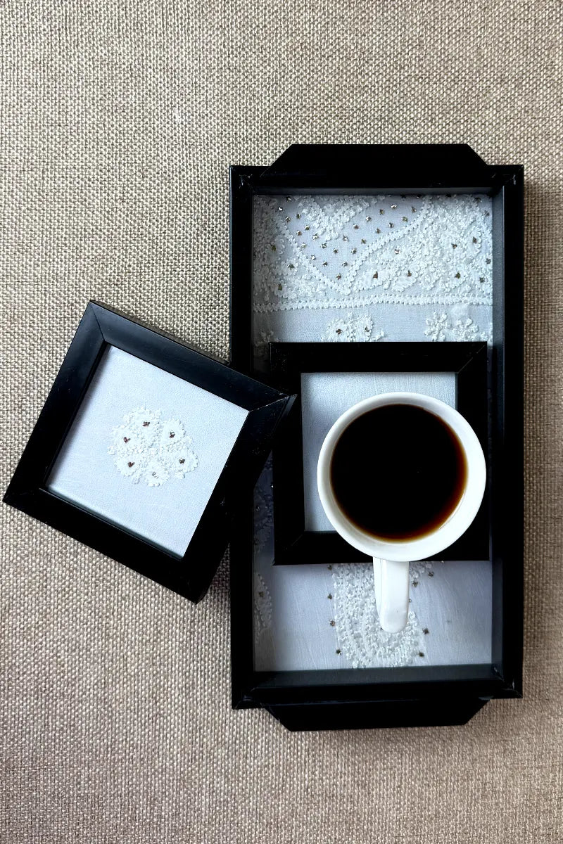 White Handcrafted Lucknowi Chikankari Tray & Tea Coaster Set With hand-embroidered Lucknowi Chikankari