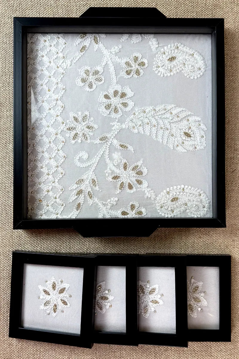 White Handcrafted Lucknowi Chikankari Tray & Tea Coaster Set With hand-embroidered Lucknowi Chikankari