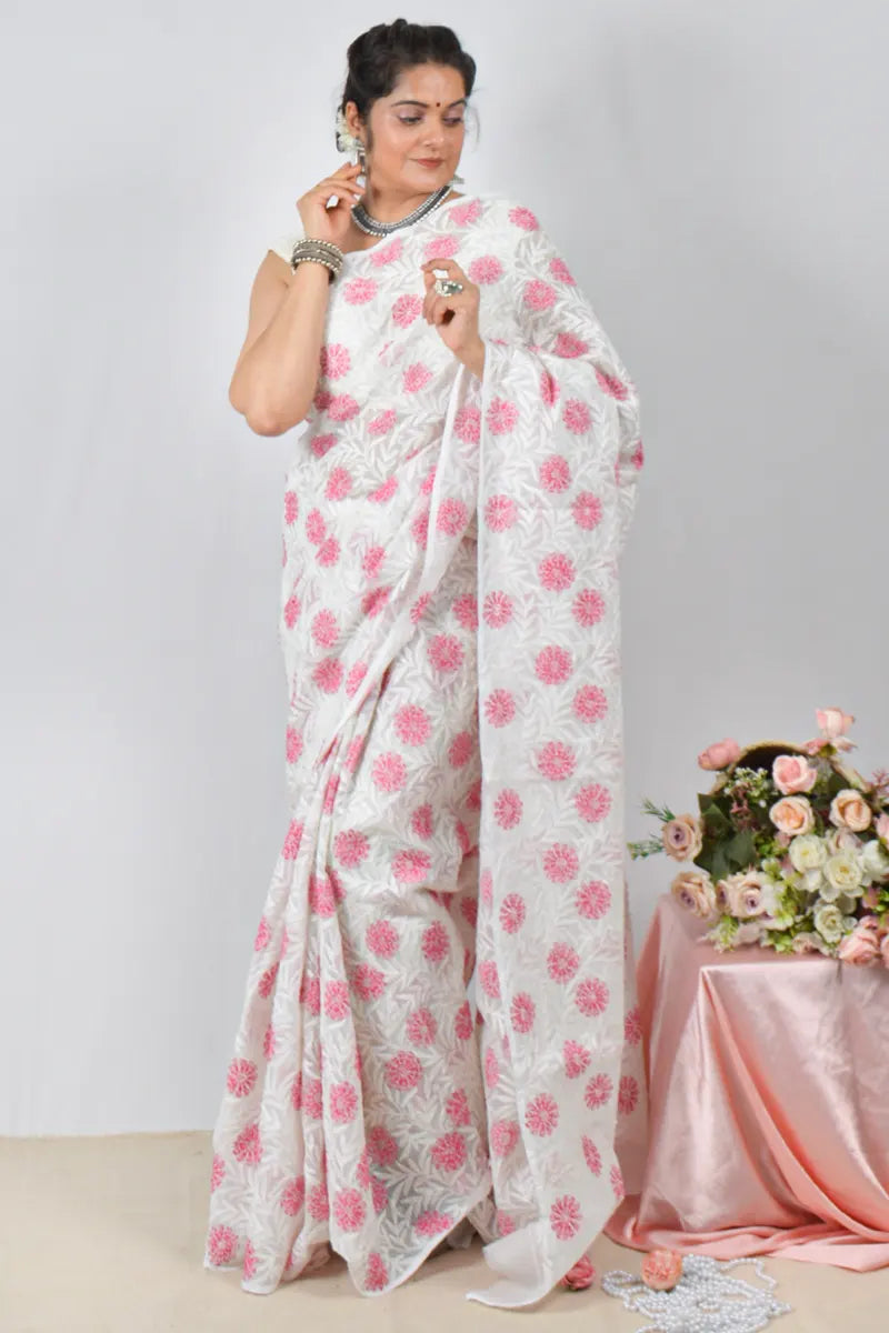 White Kota cotton saree with hand-embroidered Lucknowi Chikankari and  – handcrafted ethnic saree by Fabnuma