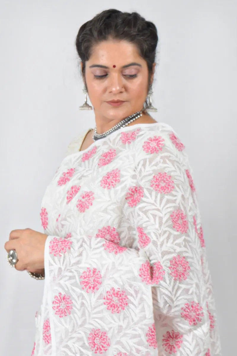 White Kota cotton saree with hand-embroidered Lucknowi Chikankari and  – handcrafted ethnic saree by Fabnuma