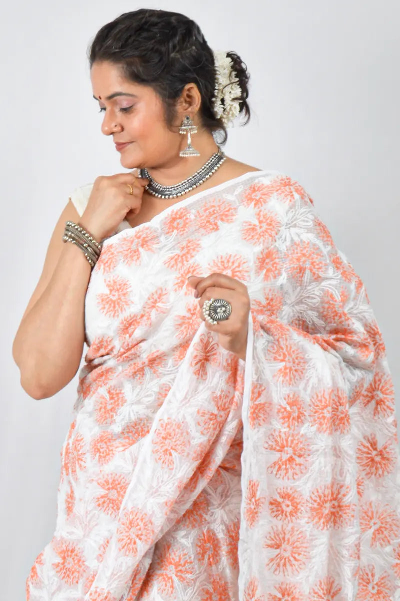 White Kota cotton saree with hand-embroidered Lucknowi Chikankari and – handcrafted ethnic saree by Fabnuma