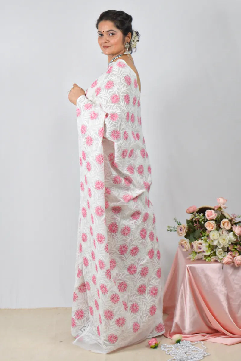 White Kota cotton saree with hand-embroidered Lucknowi Chikankari and  – handcrafted ethnic saree by Fabnuma