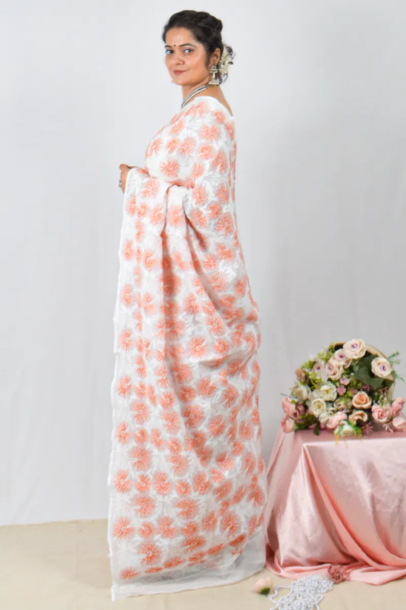 White Kota cotton saree with hand-embroidered Lucknowi Chikankari and  – handcrafted ethnic saree by Fabnuma