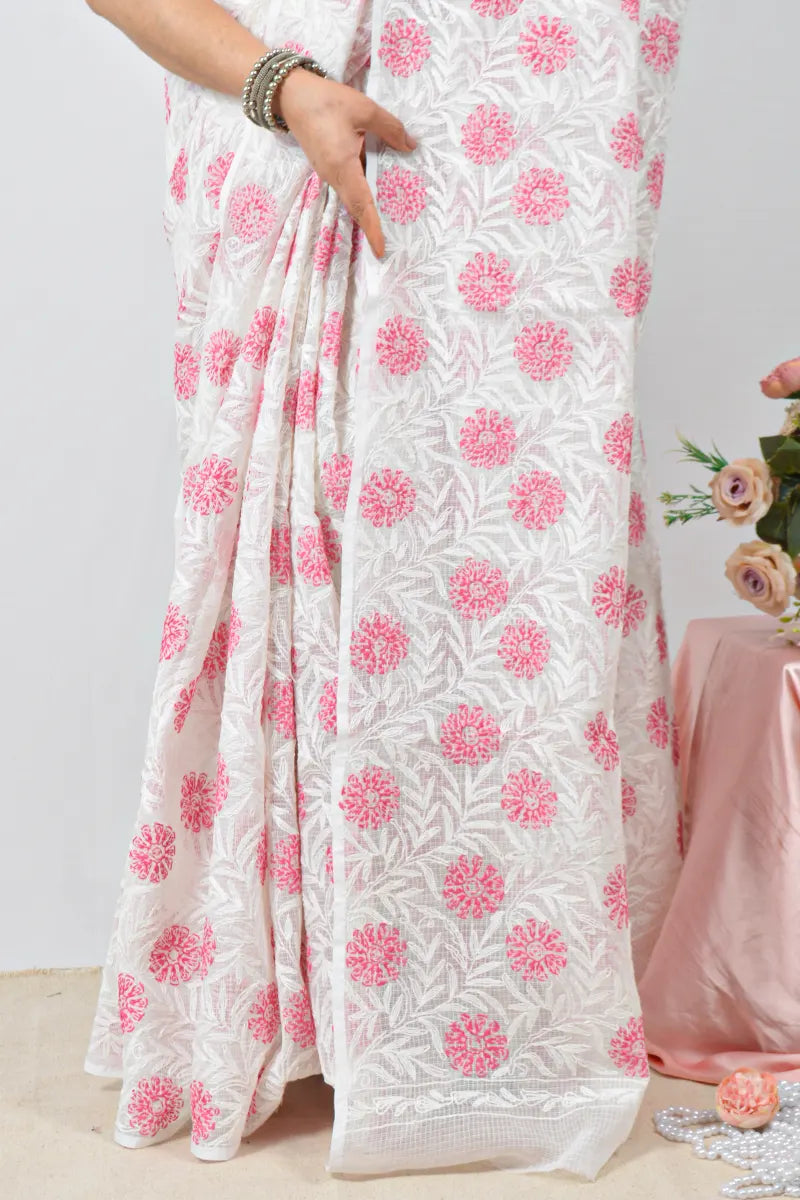 White Kota cotton saree with hand-embroidered Lucknowi Chikankari and  – handcrafted ethnic saree by Fabnuma