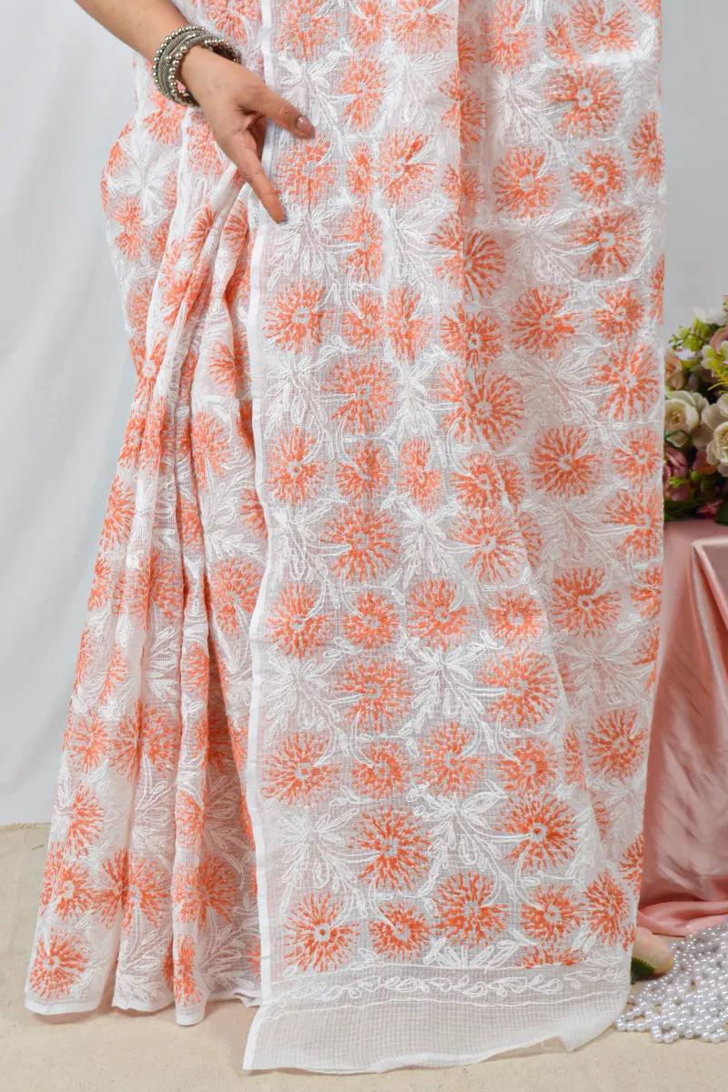 White Kota cotton saree with hand-embroidered Lucknowi Chikankari and  – handcrafted ethnic saree by Fabnuma