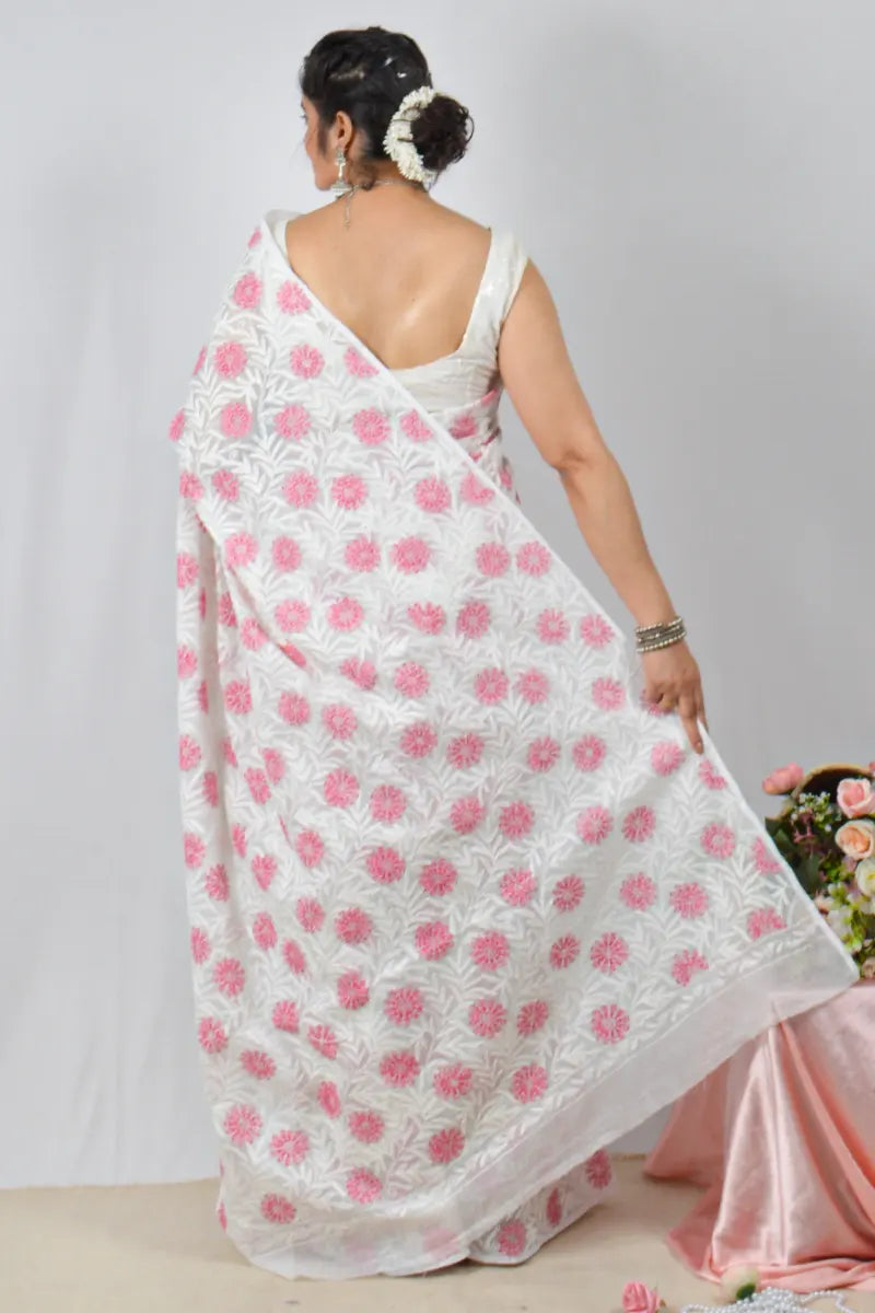 White Kota cotton saree with hand-embroidered Lucknowi Chikankari and  – handcrafted ethnic saree by Fabnuma