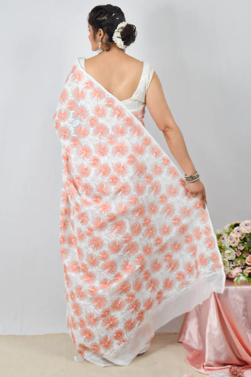 White Kota cotton saree with hand-embroidered Lucknowi Chikankari and  – handcrafted ethnic saree by Fabnuma