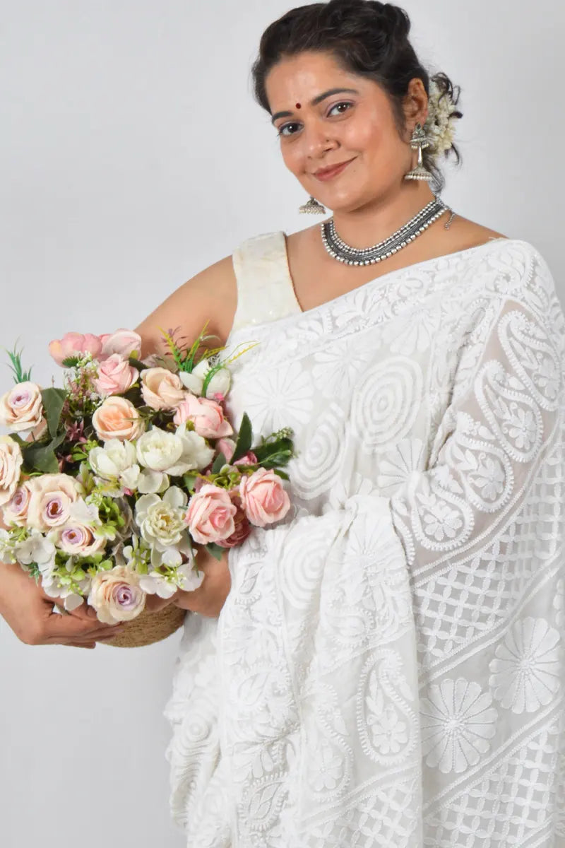 White pure georgette saree with allover hand-embroidered Lucknowi Chikankari and matching blouse – handcrafted ethnic saree by Fabnuma