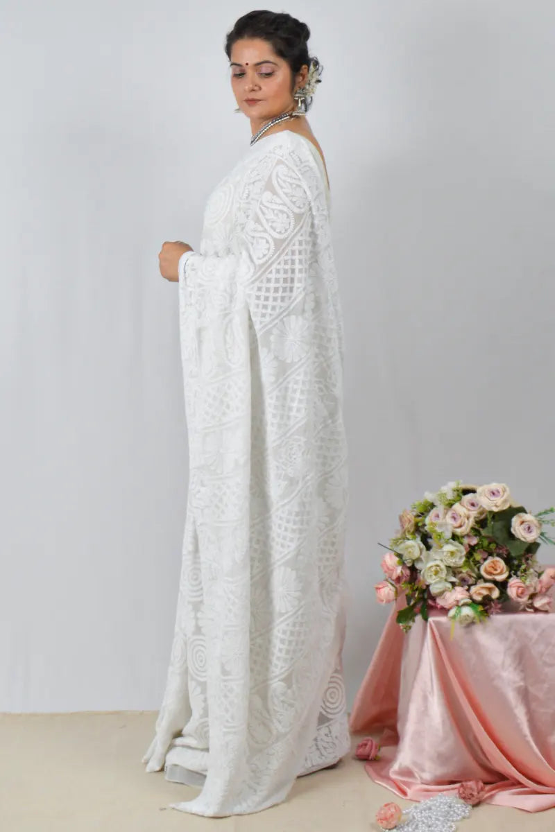 White pure georgette saree with allover hand-embroidered Lucknowi Chikankari and matching blouse – handcrafted ethnic saree by Fabnuma