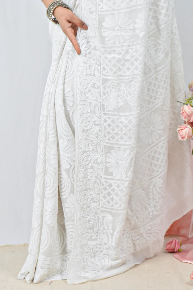 White pure georgette saree with allover hand-embroidered Lucknowi Chikankari and matching blouse – handcrafted ethnic saree by Fabnuma