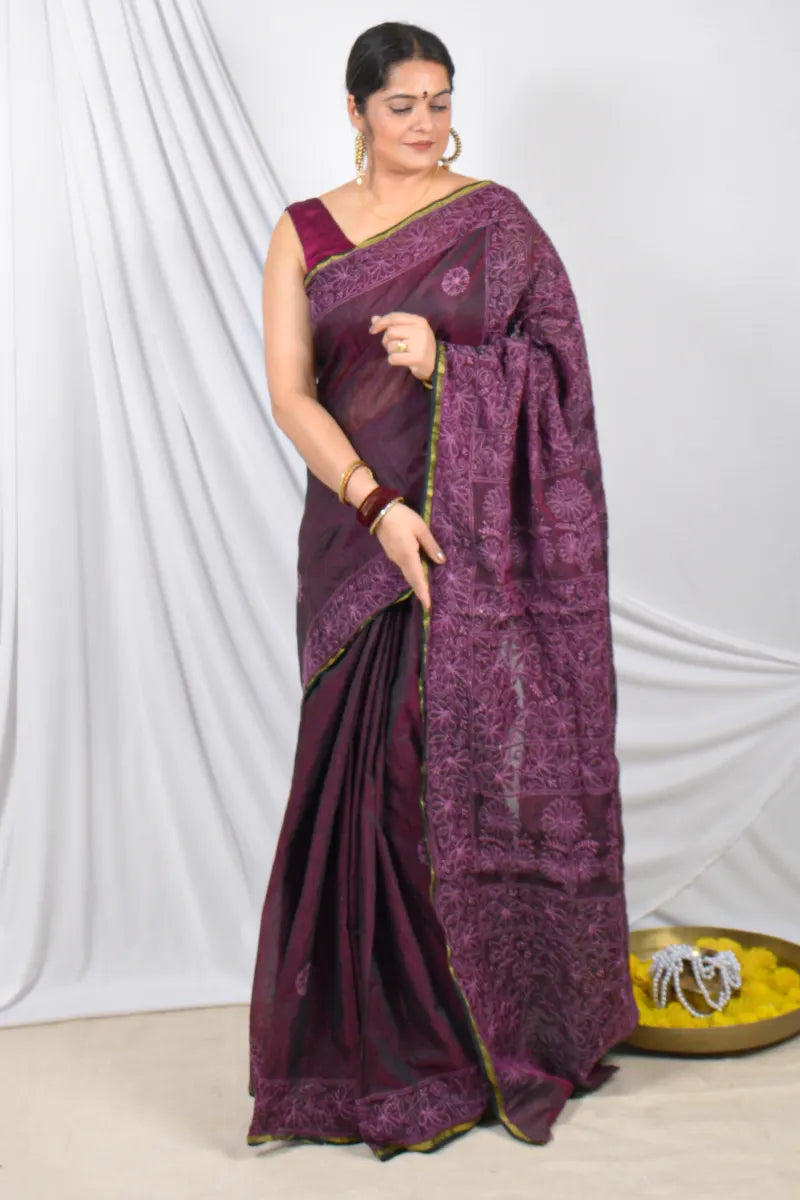 Fabnuma Handcrafted Wine Colour Chanderi Lucknowi Chikankari Designer Saree with Blouse Lucknowi Chikankari