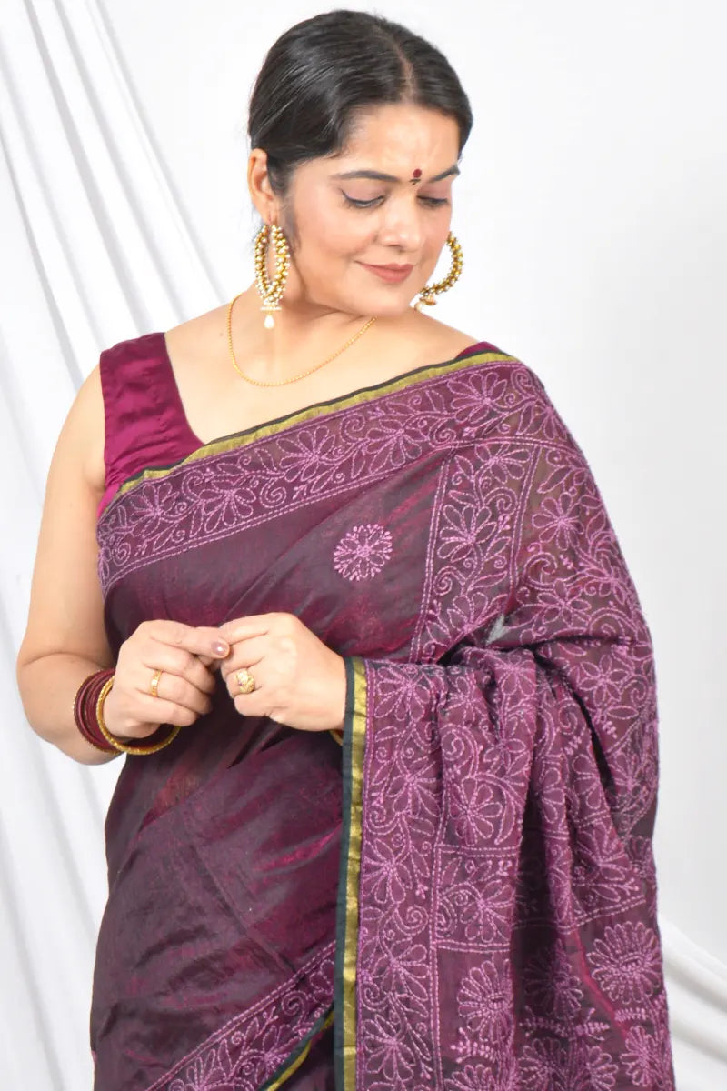 Fabnuma Handcrafted Wine Colour Chanderi Lucknowi Chikankari Designer Saree with Blouse Lucknowi Chikankari