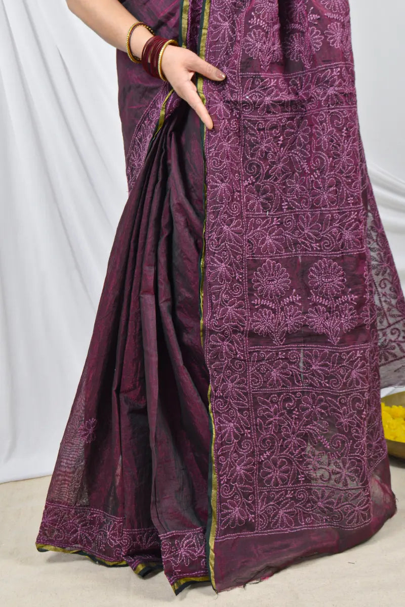 Fabnuma Handcrafted Wine Colour Chanderi Lucknowi Chikankari Designer Saree with Blouse Lucknowi Chikankari