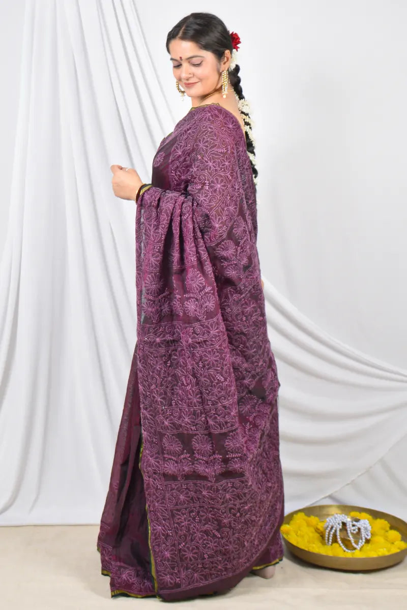 Fabnuma Handcrafted Wine Colour Chanderi Lucknowi Chikankari Designer Saree with Blouse Lucknowi Chikankari