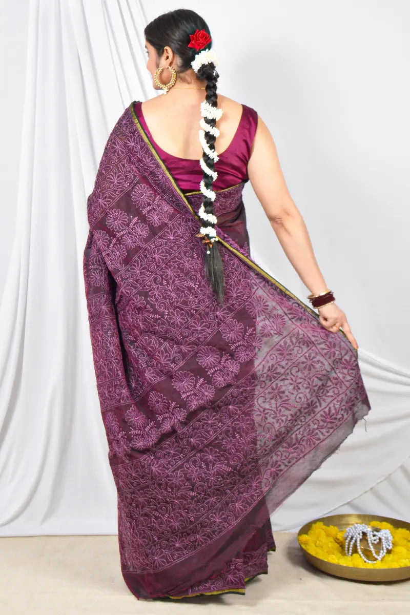 Fabnuma Handcrafted Wine Colour Chanderi Lucknowi Chikankari Designer Saree with Blouse Lucknowi Chikankari