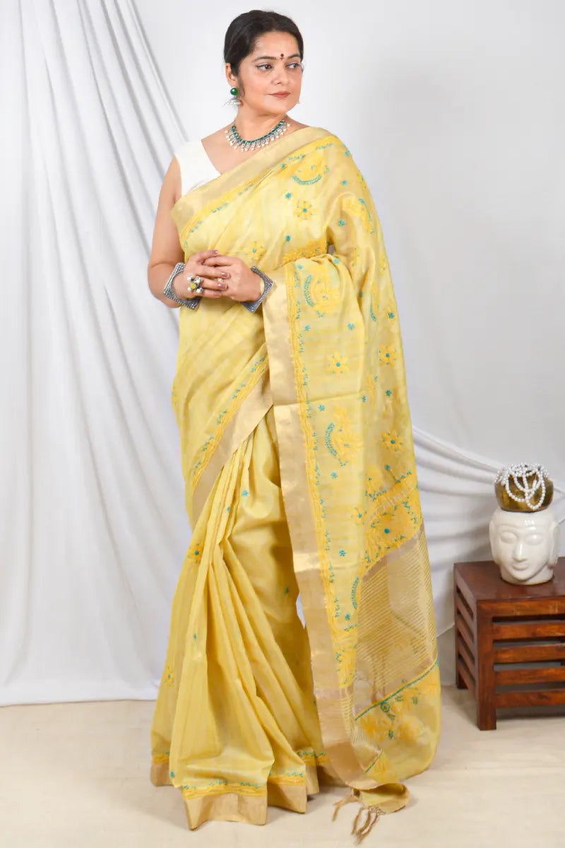 Fabnuma Handcrafted Yellow Chanderi Lucknowi Chikankari Designer Saree With Blouse Lucknowi Chikankari