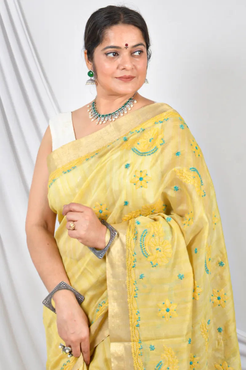 Fabnuma Handcrafted Yellow Chanderi Lucknowi Chikankari Designer Saree With Blouse Lucknowi Chikankari