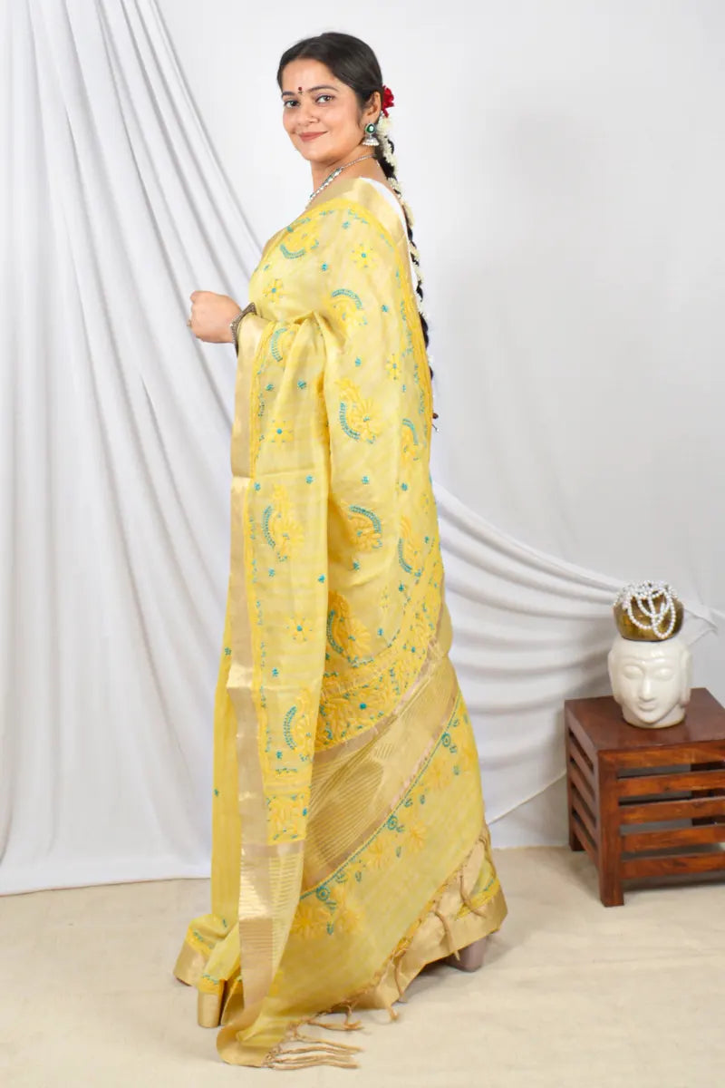 Fabnuma Handcrafted Yellow Chanderi Lucknowi Chikankari Designer Saree With Blouse Lucknowi Chikankari