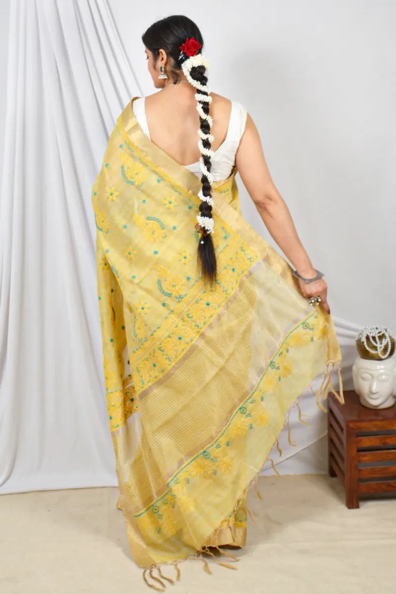 Fabnuma Handcrafted Yellow Chanderi Lucknowi Chikankari Designer Saree With Blouse Lucknowi Chikankari