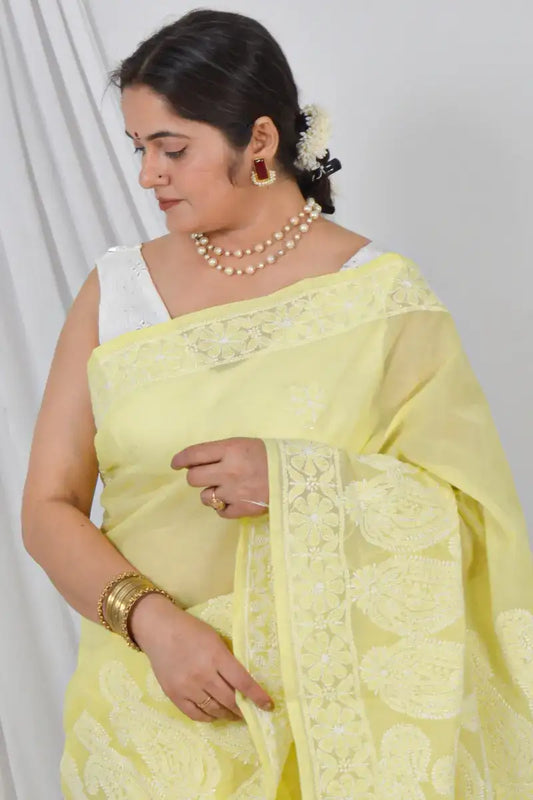 Memaana Handcrafted Yellow Cotton Saree with Blouse Lucknowi Chikankari