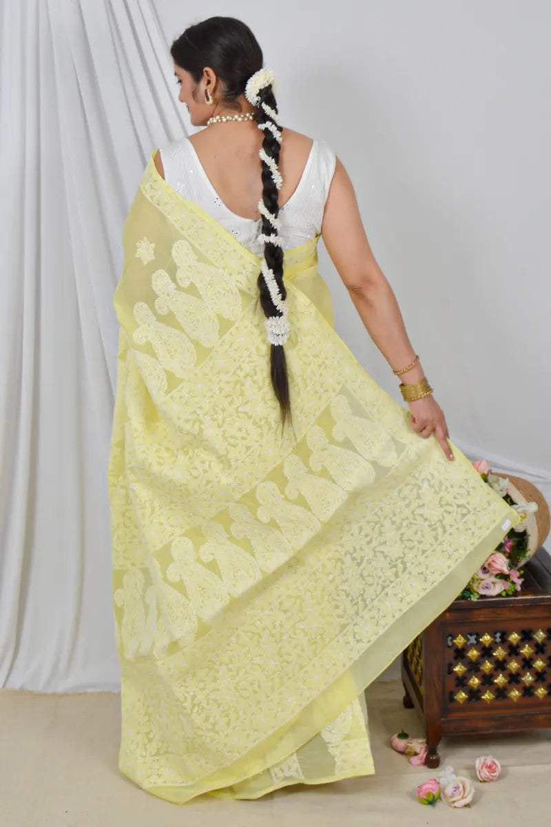 Memaana Handcrafted Yellow Cotton Saree with Blouse Lucknowi Chikankari