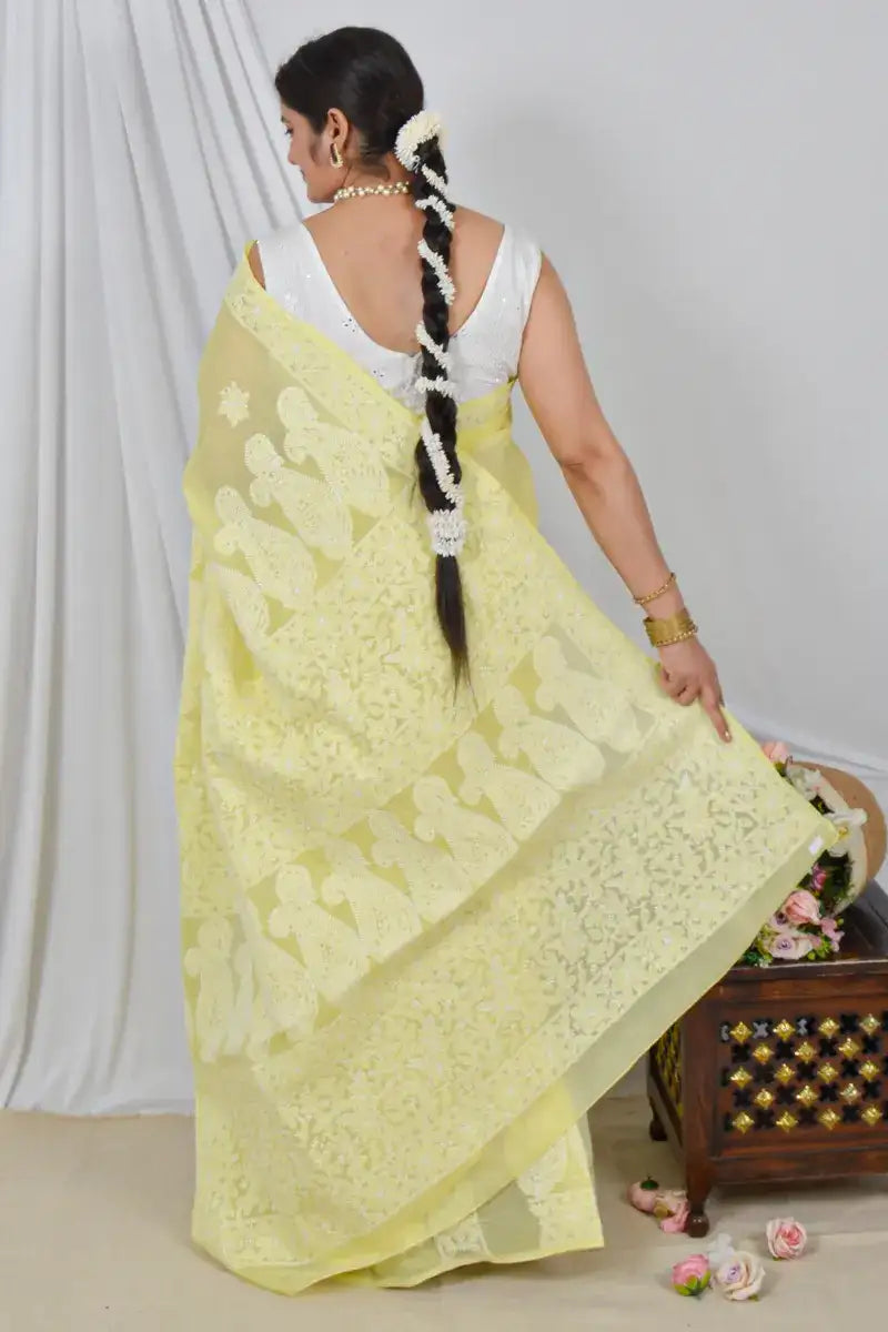 Fabnuma Handcrafted Yellow Cotton Saree with Blouse Lucknowi Chikankari