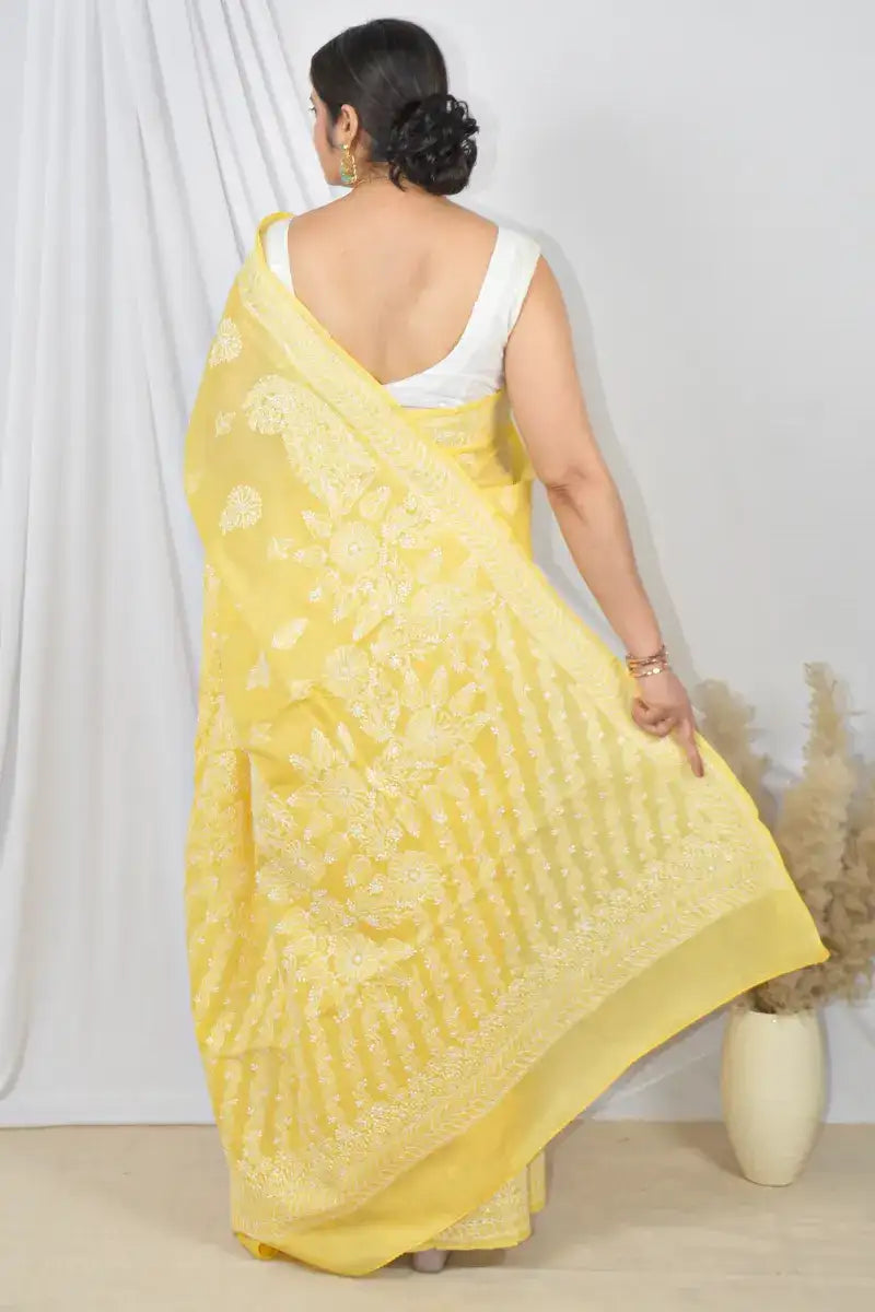 Yellow Color Cotton Lucknowi Chikankari Designer Saree Embroidery and Blouse – Perfect for Weddings & Festive Wear.