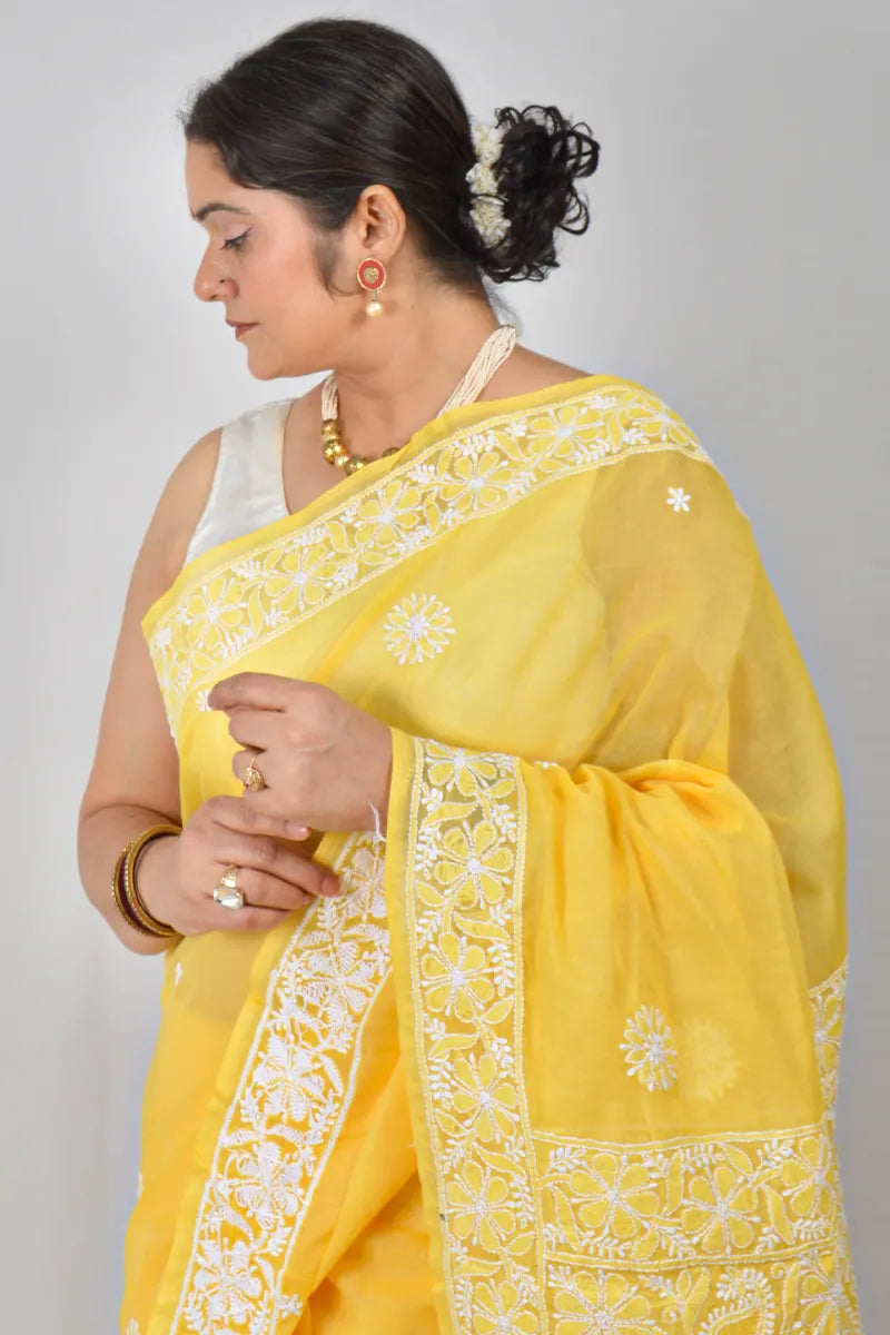 Yellow cotton saree with hand-embroidered Lucknowi Chikankari and matching blouse – handcrafted ethnic wear by MeMaana.