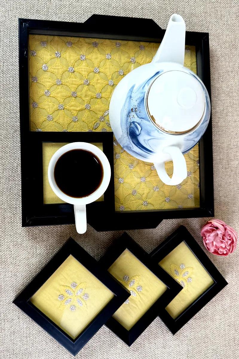 Yellow Handcrafted Lucknowi Chikankari Tray & Tea Coaster Set With hand-embroidered Lucknowi Chikankari