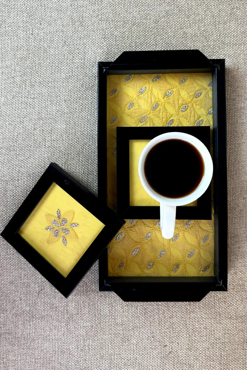 Yellow Handcrafted Lucknowi Chikankari Tray & Tea Coaster Set With hand-embroidered Lucknowi Chikankari