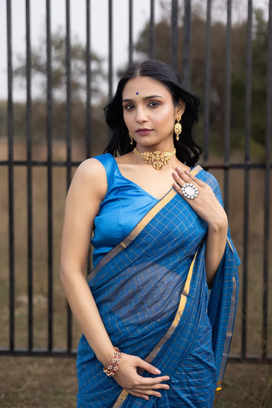 Woman in a blue saree standing outdoors with a metal fence and grassy area in the background.