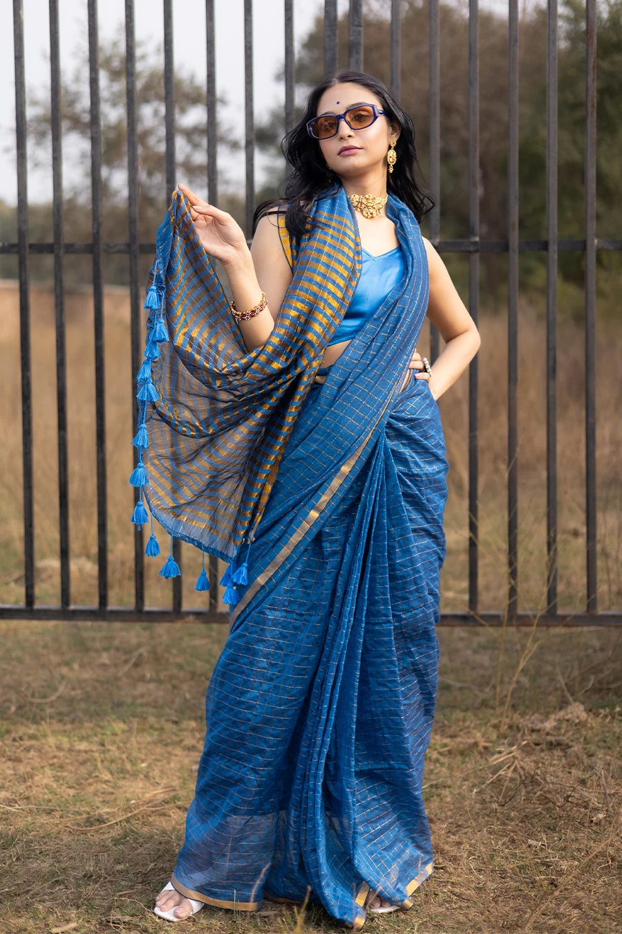 Woman in a blue saree standing outdoors with a metal fence and grassy area in the background.