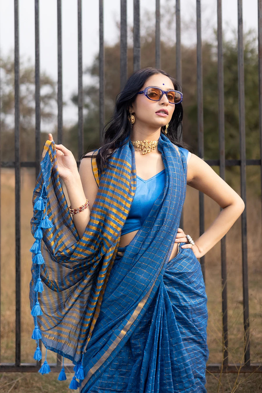 Woman in a blue saree standing outdoors with a metal fence and grassy area in the background.