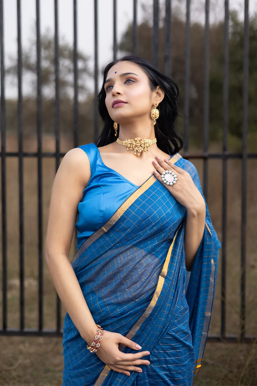 Woman in a blue saree standing outdoors with a metal fence and grassy area in the background.