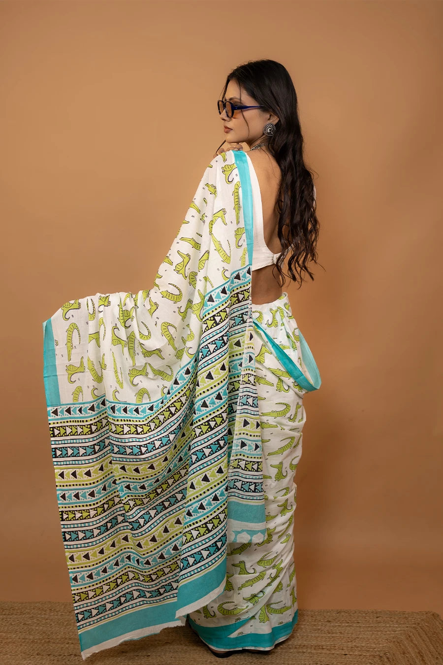 White hand block printed mulmul cotton saree with crocodile pattern