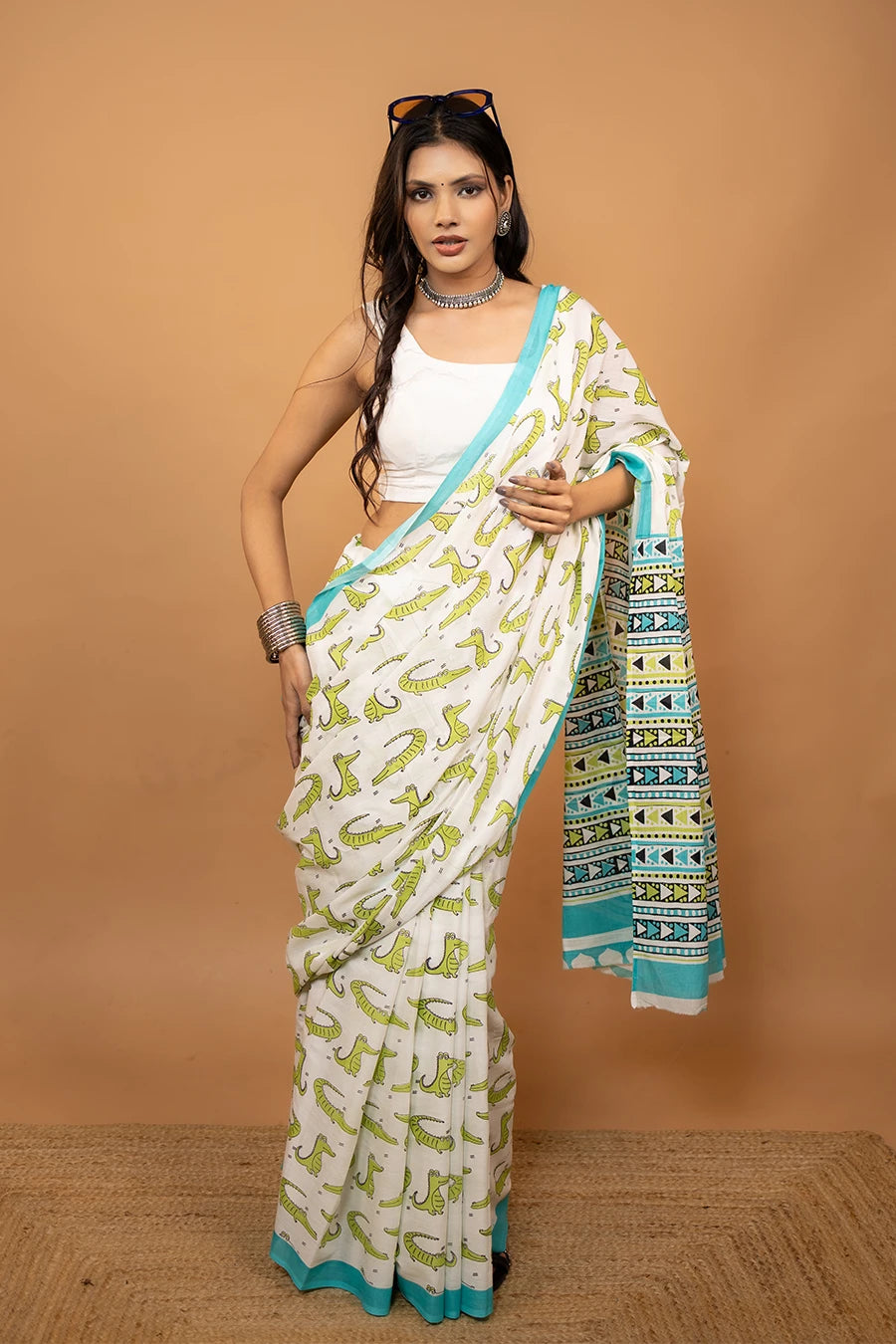 White hand block printed mulmul cotton saree with crocodile pattern