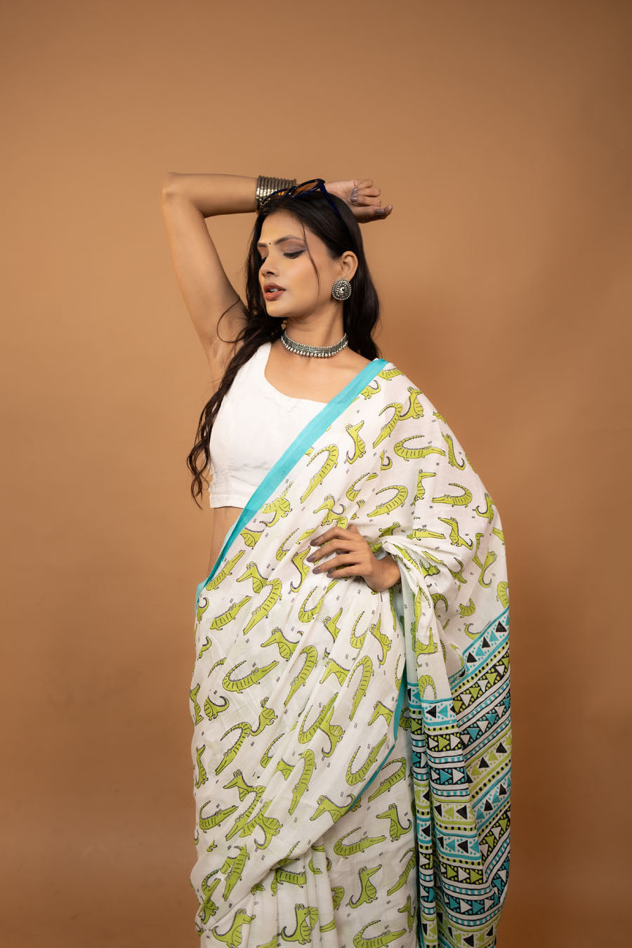 White hand block printed mulmul cotton saree with crocodile pattern