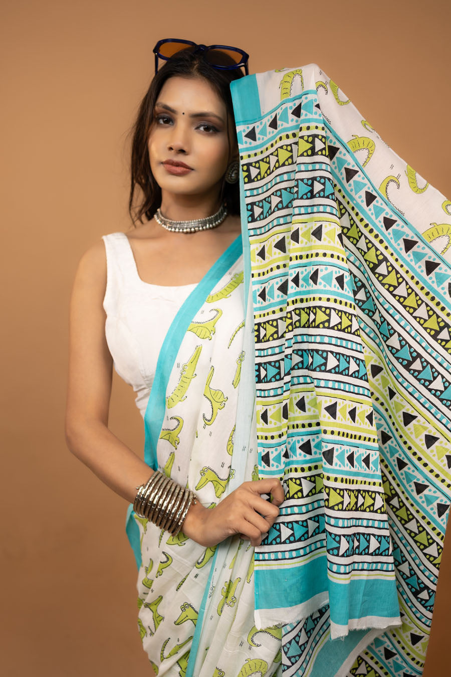 White hand block printed mulmul cotton saree with crocodile pattern